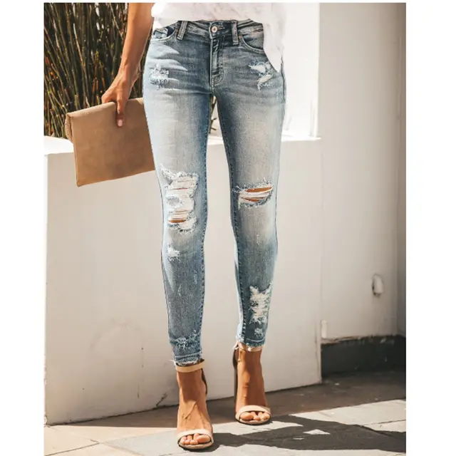 Women'S Jeans Slim Slimming Ripped Sexy Mid Rise Denim Trousers Blue - Shop at LoveMi