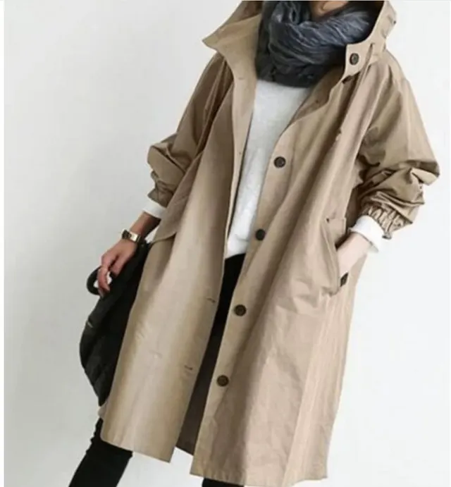 Casual Style Windbreaker Women's Mid Length Waist Long Sleeved Jacket Khaki - Shop at LoveMi