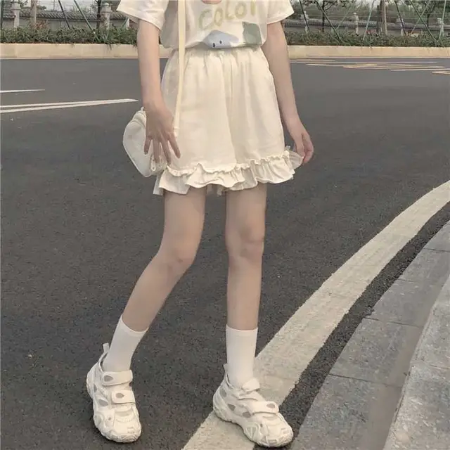College Style All match Elastic Waist Ruffled Pants White - Shop at LoveMi