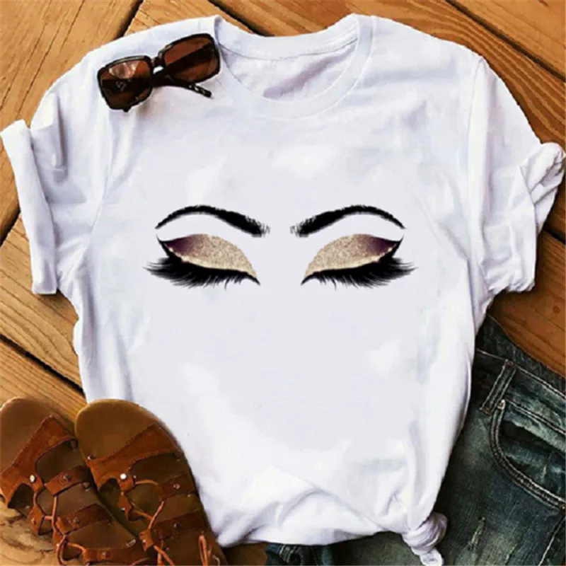 Eyebrows Lips Printed Eyelashes Short Sleeve - Shop at LoveMi