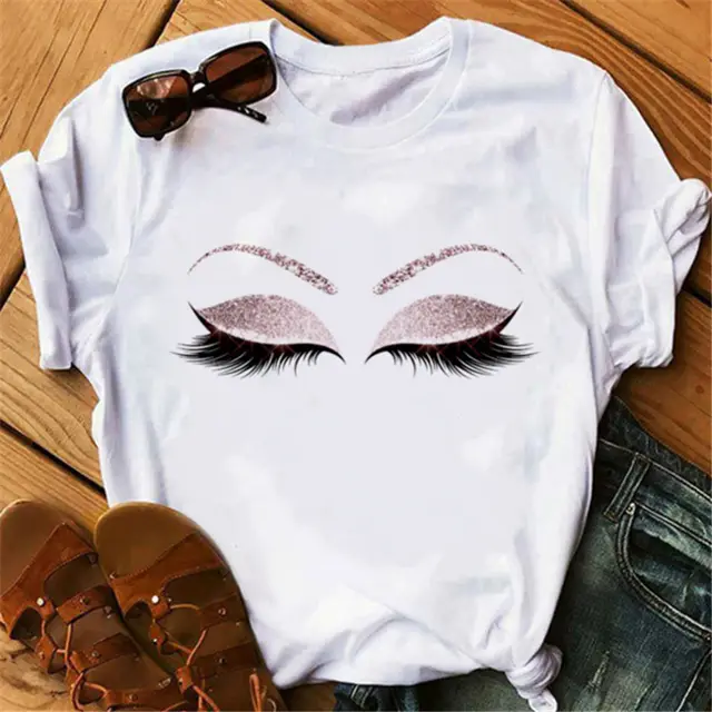 Eyebrows Lips Printed Eyelashes Short Sleeve - Shop at LoveMi