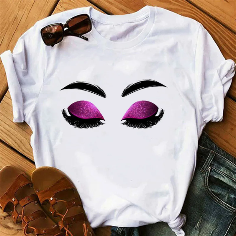 Eyebrows Lips Printed Eyelashes Short Sleeve - Shop at LoveMi