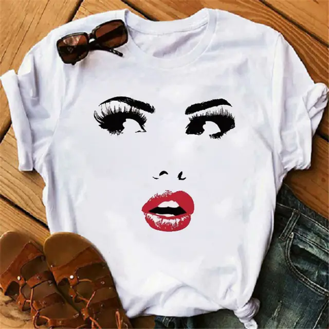 Eyebrows Lips Printed Eyelashes Short Sleeve K - Shop at LoveMi