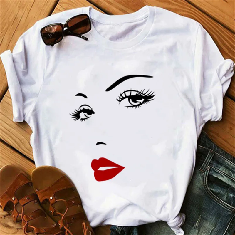 Eyebrows Lips Printed Eyelashes Short Sleeve L - Shop at LoveMi