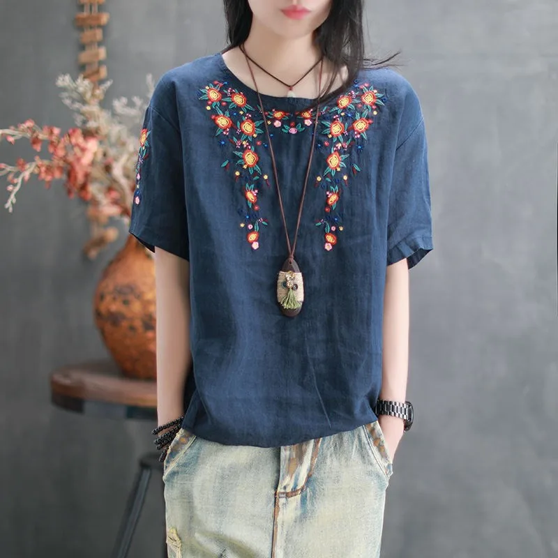 Short Sleeve T shirt Women Retro Round Neck Embroidery Loose Embroidery Navy Blue - Shop at LoveMi