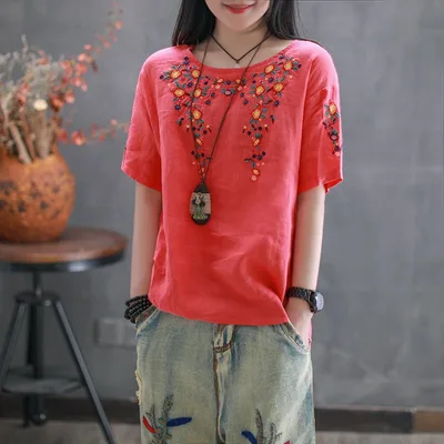 Short Sleeve T shirt Women Retro Round Neck Embroidery Loose Embroidery Red - Shop at LoveMi
