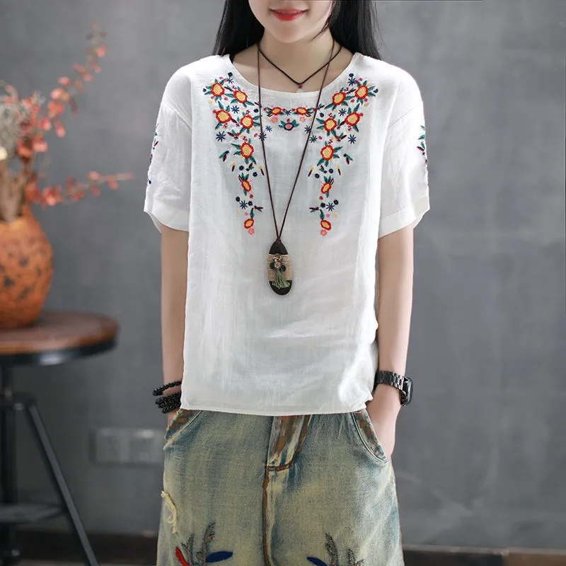 Short Sleeve T shirt Women Retro Round Neck Embroidery Loose Embroidery White - Shop at LoveMi