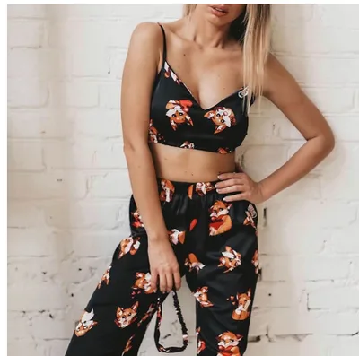 Suphis Spaghetti Band Vos Pyjama Print Zomer Tweedelige Set Top Black A - Shop at LoveMi