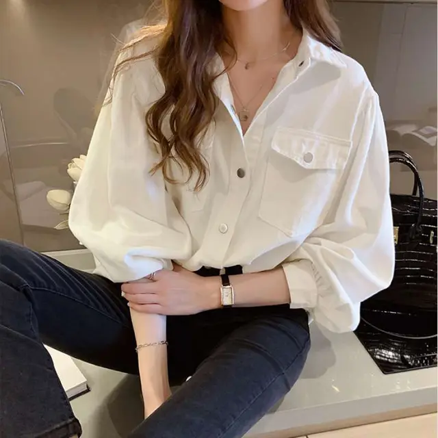 Blouses Shirts Women Spring Pockets Long Sleeve Fashion Solid Korean White - Shop at LoveMi
