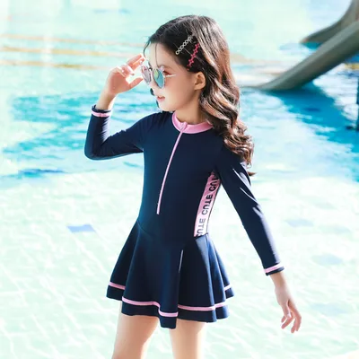 Girls' Color blocking Sports And Leisure One piece Skirt Swimsuit Navy - Shop at LoveMi