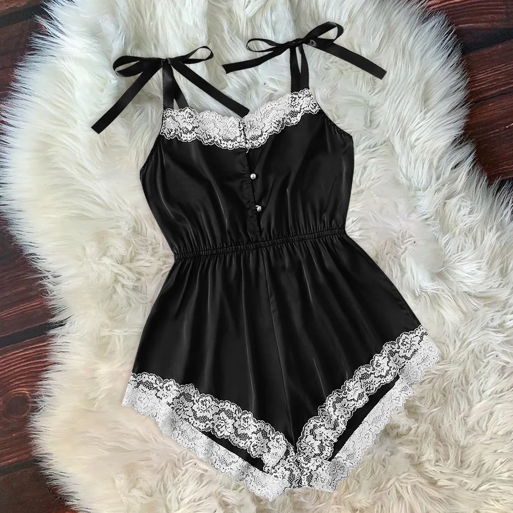 Pearl Button Underwear Nightdress Home Wear - Black