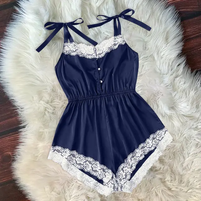 Pearl Button Underwear Nightdress Home Wear Navy Blue - Shop at LoveMi