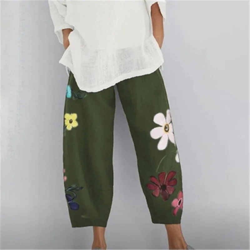 Loose Street Fashion Printed Cropped Trousers - Green