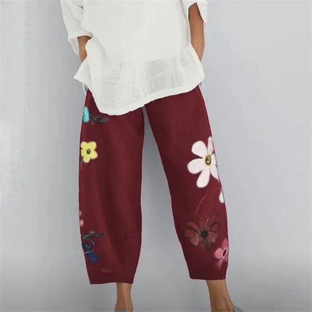 Loose Street Fashion Printed Cropped Trousers Wine Red - Shop at LoveMi
