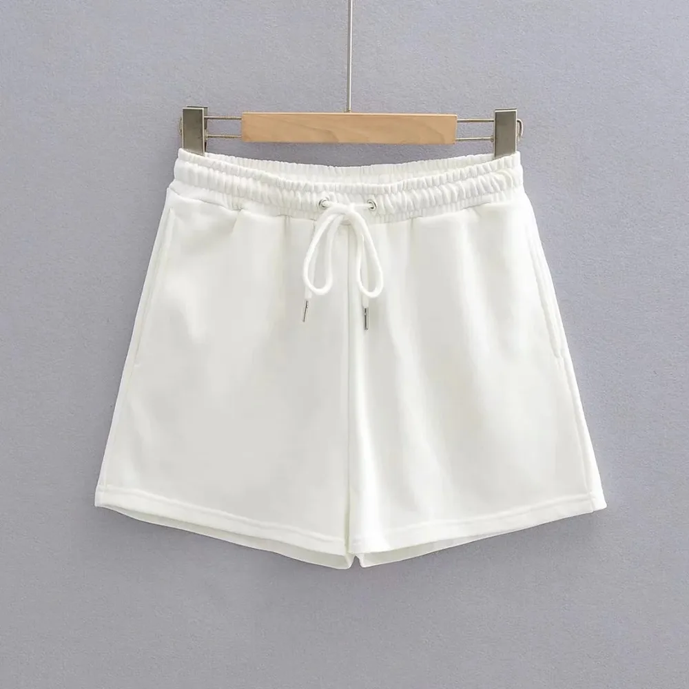 European And American Loose Pocket Drawstring Shorts - White