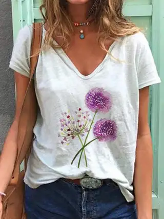 Dandelion Print Short-sleeved V-neck T-shirt - White