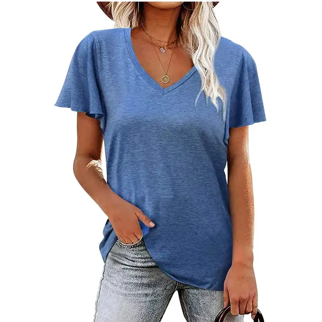 Solid Color V neck Short sleeved T shirt Light Blue - Shop at LoveMi