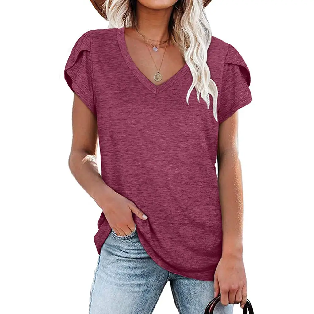 Solid Color V-neck Short-sleeved T-shirt - Red