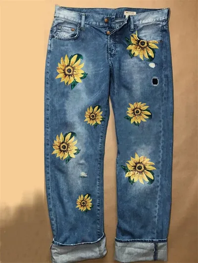 Sunflower Fashion Print Wide leg Denim Trousers Blue - Shop at LoveMi
