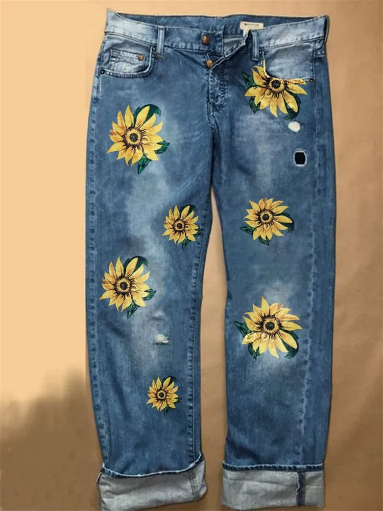 Sunflower Fashion Print Wide leg Denim Trousers Blue - Shop at LoveMi