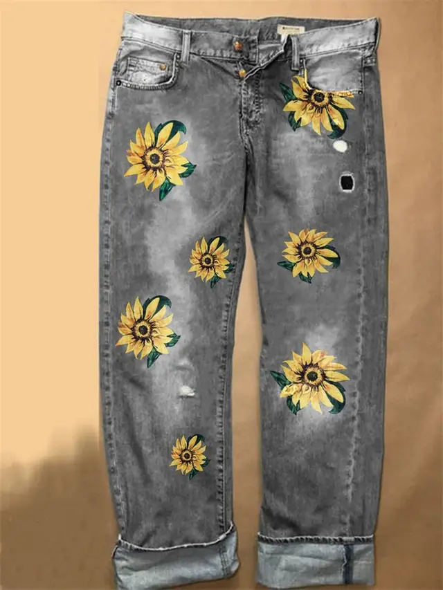 Sunflower Fashion Print Wide leg Denim Trousers Grey - Shop at LoveMi