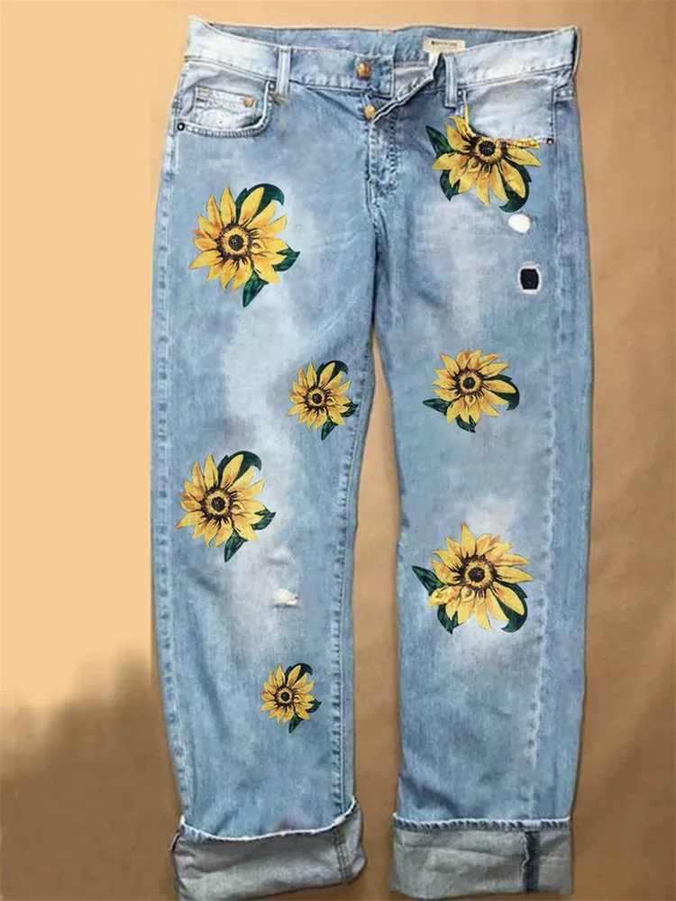 Sunflower Fashion Print Wide-leg Denim Trousers - Light Blue