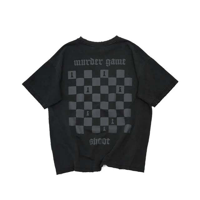 Checkerboard T shirt Short sleeved Washed And Worn Black - Shop at LoveMi
