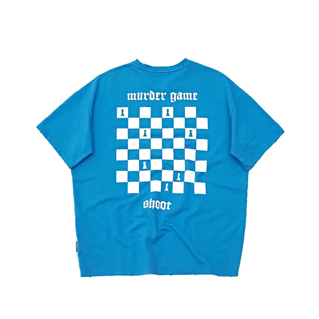 Checkerboard T shirt Short sleeved Washed And Worn Blue - Shop at LoveMi