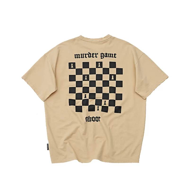 Checkerboard T shirt Short sleeved Washed And Worn Brown - Shop at LoveMi