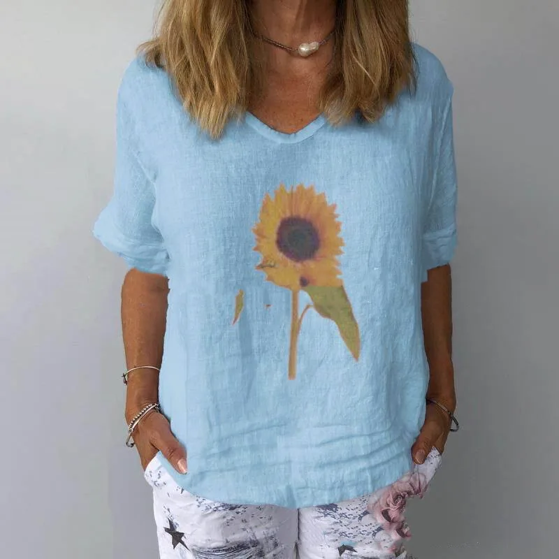 Cotton And Linen Loose Sunflower Print Top Light Blue - Shop at LoveMi
