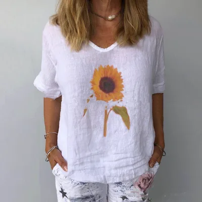 Cotton And Linen Loose Sunflower Print Top White - Shop at LoveMi