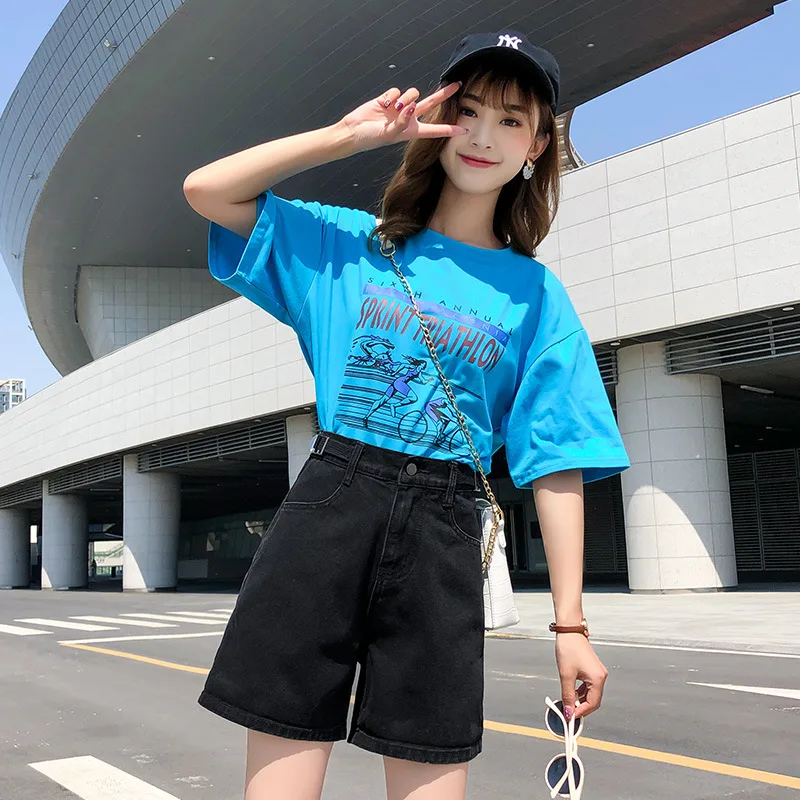 Summer Elastic Waist Turn-up Wide Leg Denim Shorts - Black