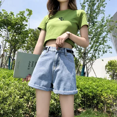 Summer Elastic Waist Turn up Wide Leg Denim Shorts Light Blue - Shop at LoveMi