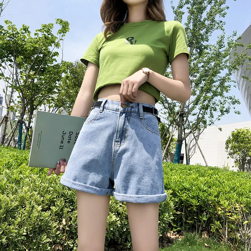 Summer Elastic Waist Turn up Wide Leg Denim Shorts Light Blue - Shop at LoveMi