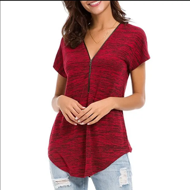 Pure Color Zipper Stitching Casual Loose V neck Short Sleeves Red - Shop at LoveMi