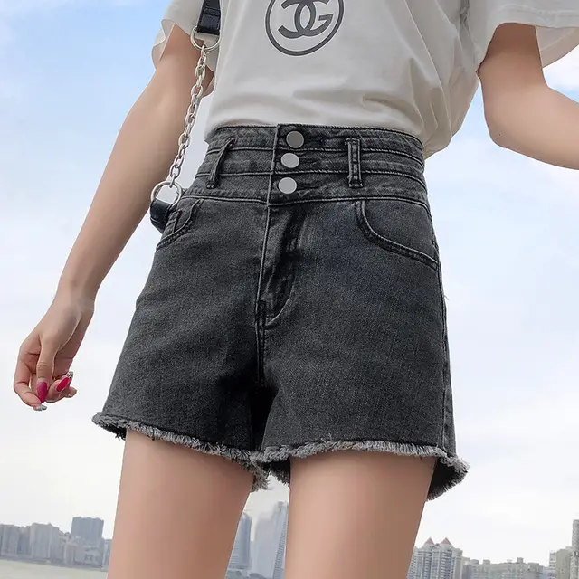 High Waist Multi button Denim Shorts Women's A line Wide leg Hot Pants Grey - Shop at LoveMi