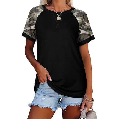 Camouflage Stitching Short sleeved T shirt Black - Shop at LoveMi