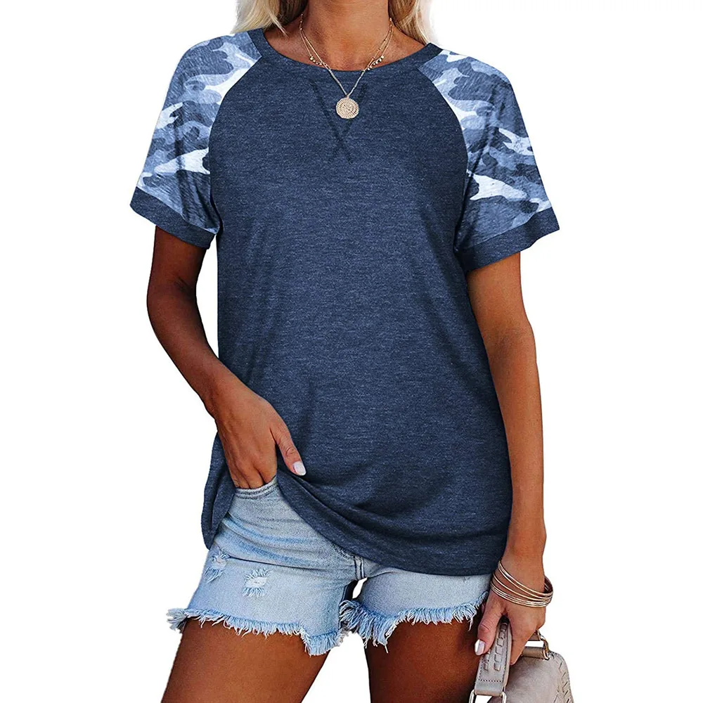 Camouflage Stitching Short sleeved T shirt Dark Blue - Shop at LoveMi