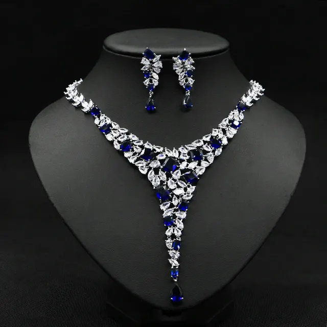Colorful Zircon Necklace Set Wedding Dress Wedding Earring Accessories Blue - Shop at LoveMi