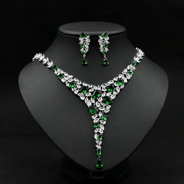 Colorful Zircon Necklace Set Wedding Dress Wedding Earring Accessories Green - Shop at LoveMi