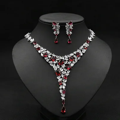 Colorful Zircon Necklace Set Wedding Dress Wedding Earring Accessories Red - Shop at LoveMi
