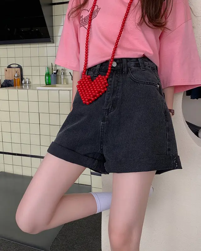 High Waist Denim Shorts Straight And Loose Black - Shop at LoveMi
