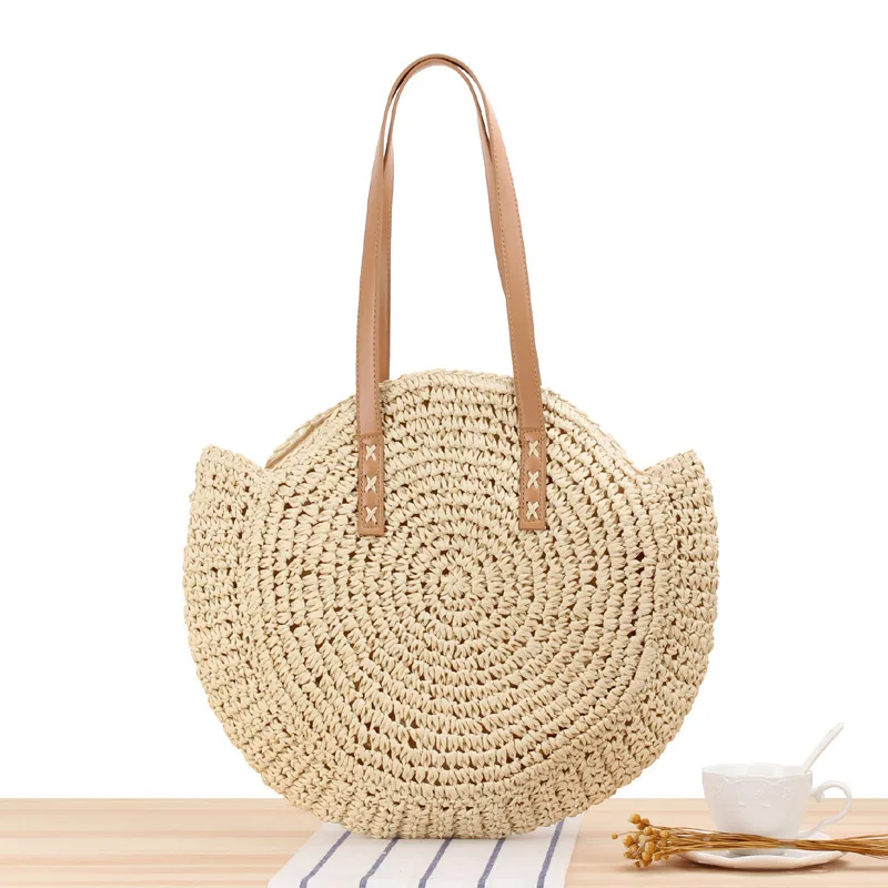 Simple Round One shoulder Straw Bag Woven Bag Beach Bag Fashion Female Bag Straw Bag Beige - Shop at LoveMi