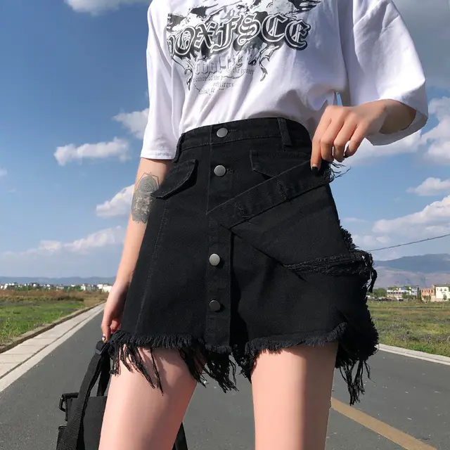 Retro Slim Half length A line Denim Skirt Black - Shop at LoveMi