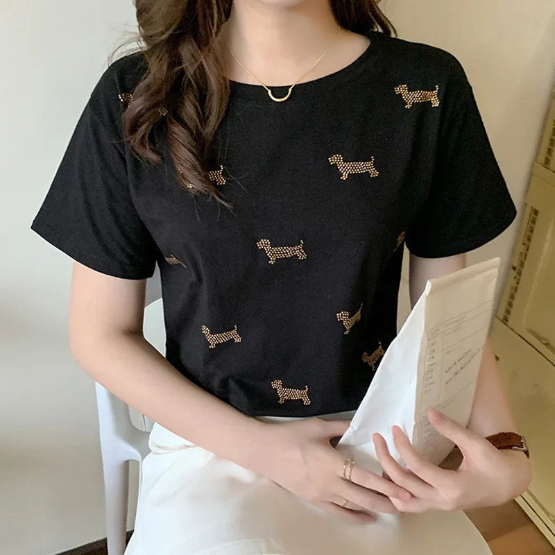 New Style Western style Pure Cotton Korean Style Loose Short sleeved T shirt Top Black - Shop at LoveMi