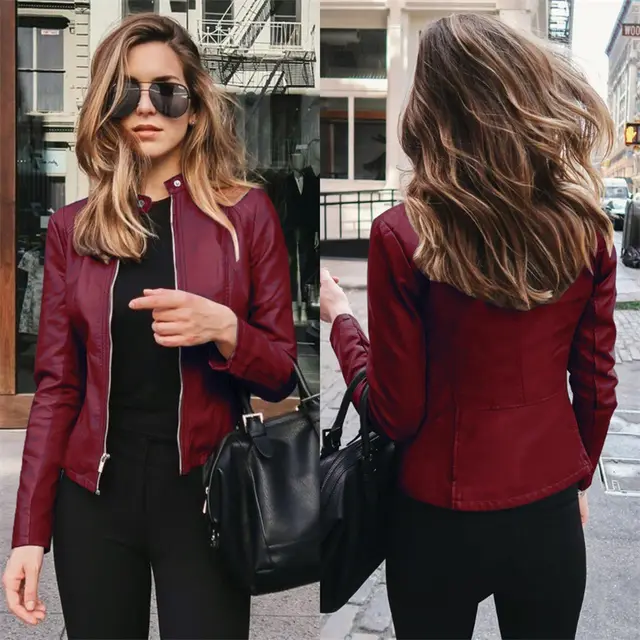 New New Product Autumn And Winter Women's Fashion Leather PU Suit Jacket Red Wine - Shop at LoveMi