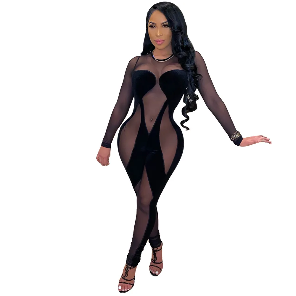 See through Mesh Stitching Velvet Jumpsuit Nightclub Clothes Black - Shop at LoveMi