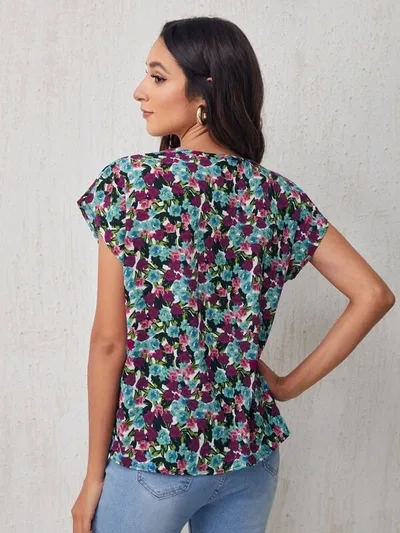 Spring And Summer New Round Neck Slim Floral Short Sleeves Navy Blue - Shop at LoveMi