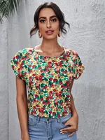 Spring And Summer New Round Neck Slim Floral Short Sleeves - Yellow