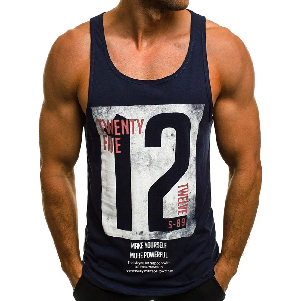 Digital Letter Printing Round Neck Sleeveless Vest Large Size Loose Fitness Running Top Blue - Shop at LoveMi